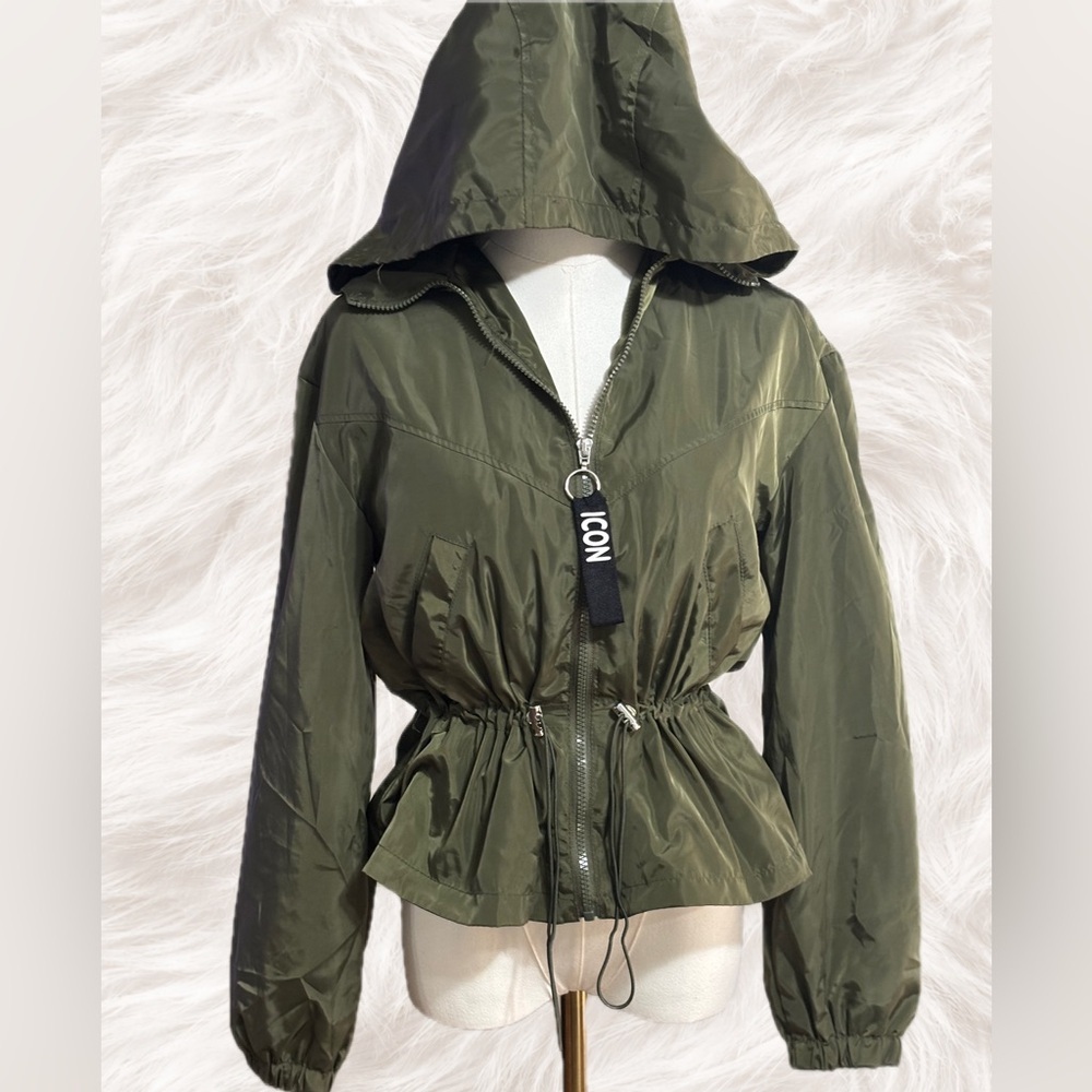 New Look Sport Olive Green Hooded Utility Jacket Cinch Waist Zip Size S
